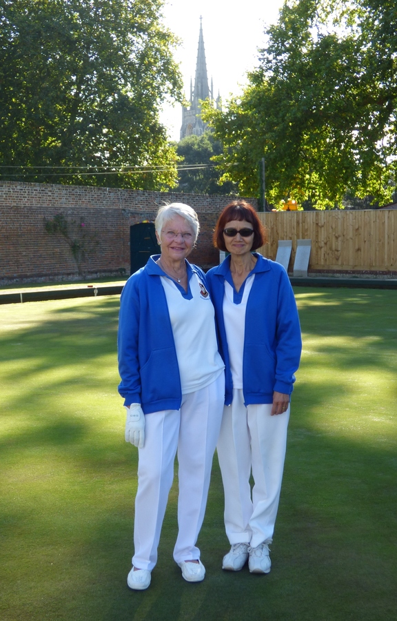 Mags Shelley and Jean Barltrop with the Church as a backdrop.